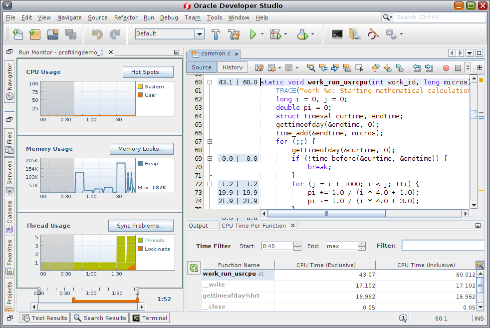 image:work_run_usrcpu 関数の CPU 使用率の使用率詳細 (CPU 時間と時間フィルタ開始時間ボックスが枠で囲まれています)。
