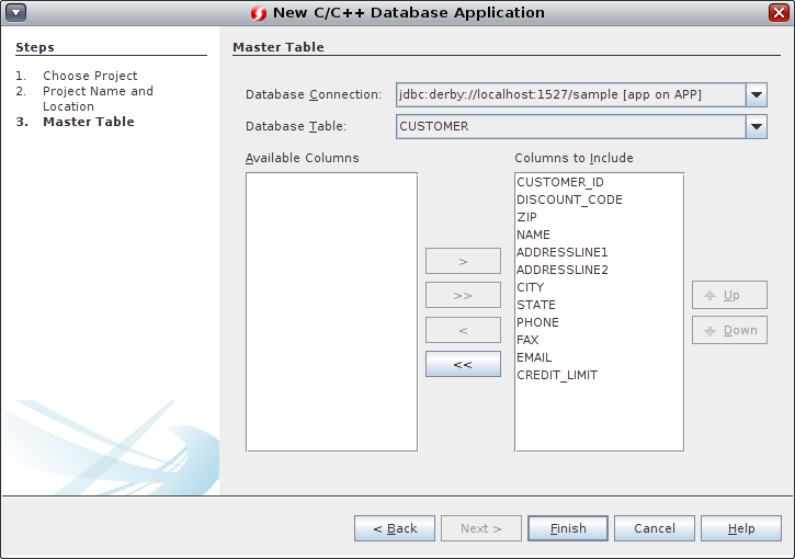image:新規プロジェクトウィザードの Oracle Database プロジェクトの「マスターテーブル」ページ