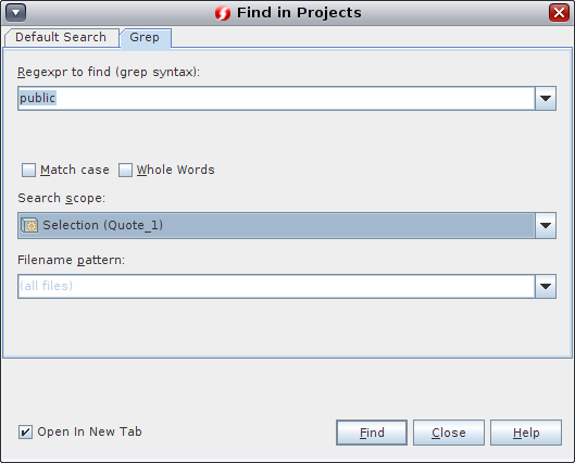 image:「プロジェクト内を検索」ダイアログボックスの「Grep」検索タブ。