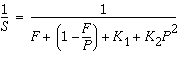 image:1 除以 S 等于 1 除以下列数值之和：F 加上左括号 1 减去 F 除以 P 右括号加上 K（下标 1）加上 K（下标 2）乘以 P 的平方。