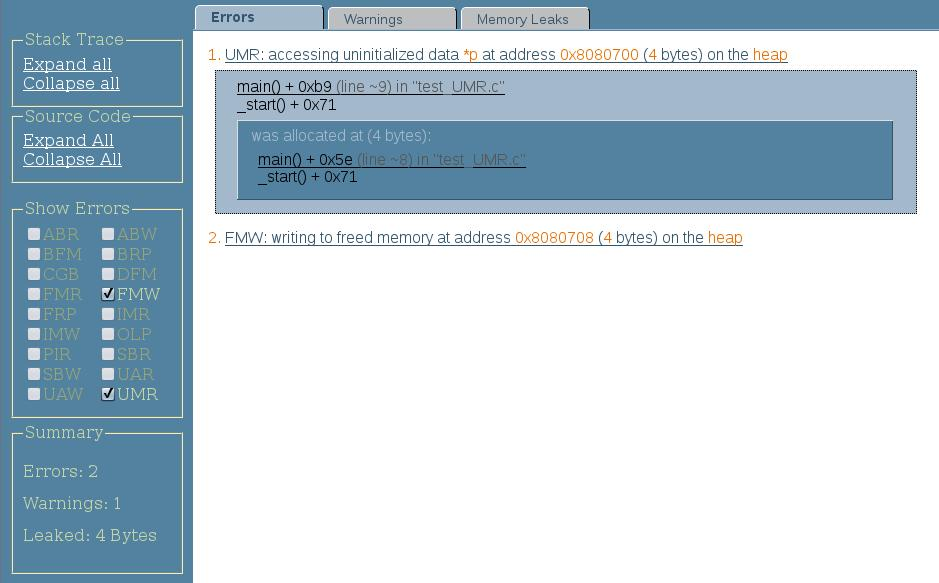 image:Discover HTML 报告的 “Errors“（错误）选项卡（包含堆栈跟踪）