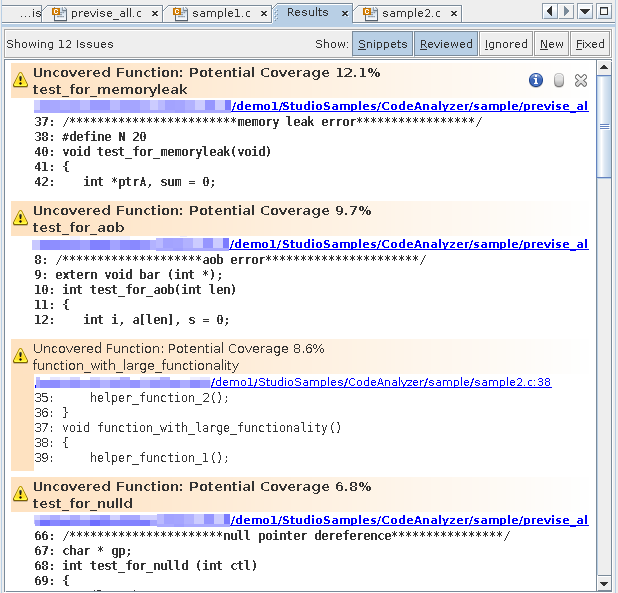 image:显示某些代码覆盖问题的代码分析器 “Results“（结果）标签