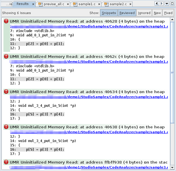 image:显示六个动态内存问题的代码分析器 “Results“（结果）标签