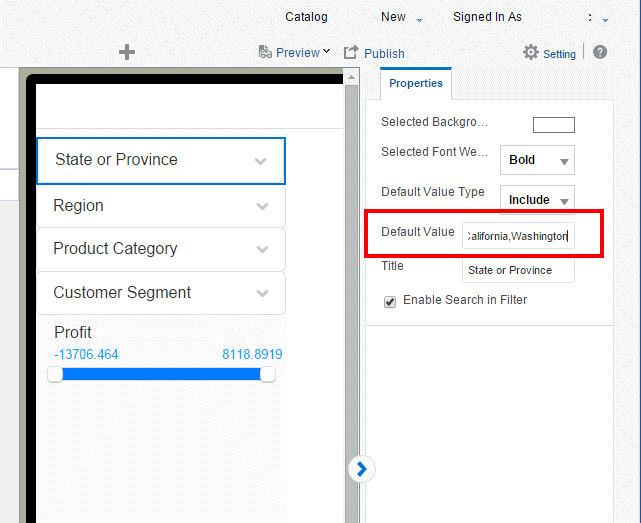 Entering default values for the filter