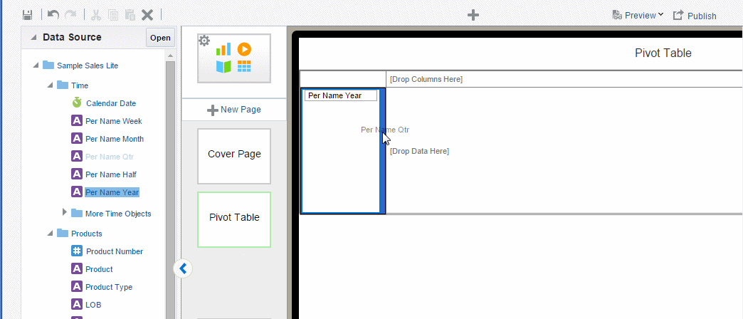 Draggng data fields to pivot table