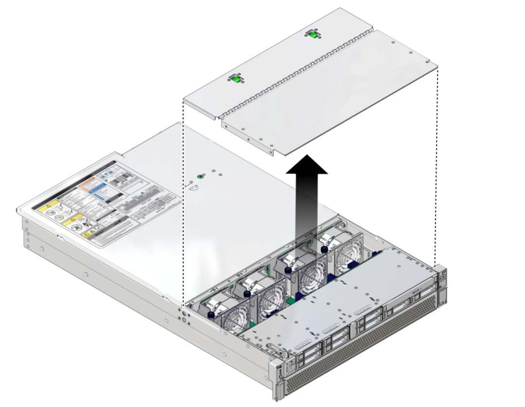 image:Figure showing how to lift the fan cover from the                                 server.