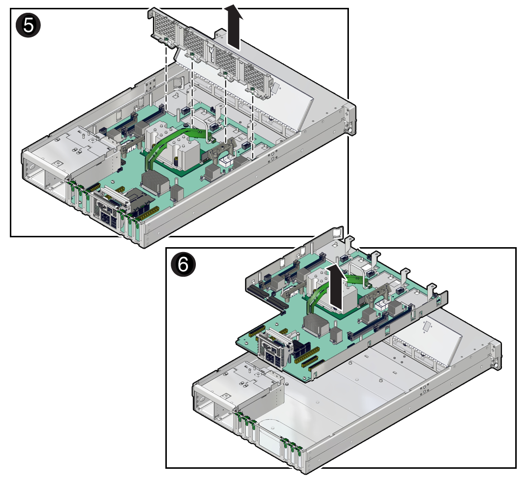 image:Figure showing how to remove the motherboard, focusing on lifting                             the mid-wall and the motherboard from the server.