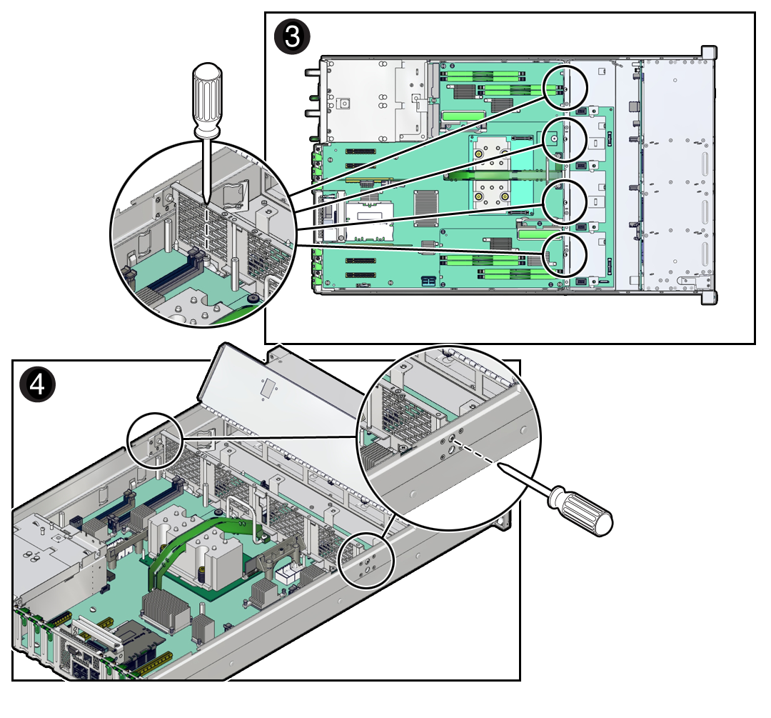 image:Figure showing how to install the motherboard, focusing on                                     attaching the mid-wall.
