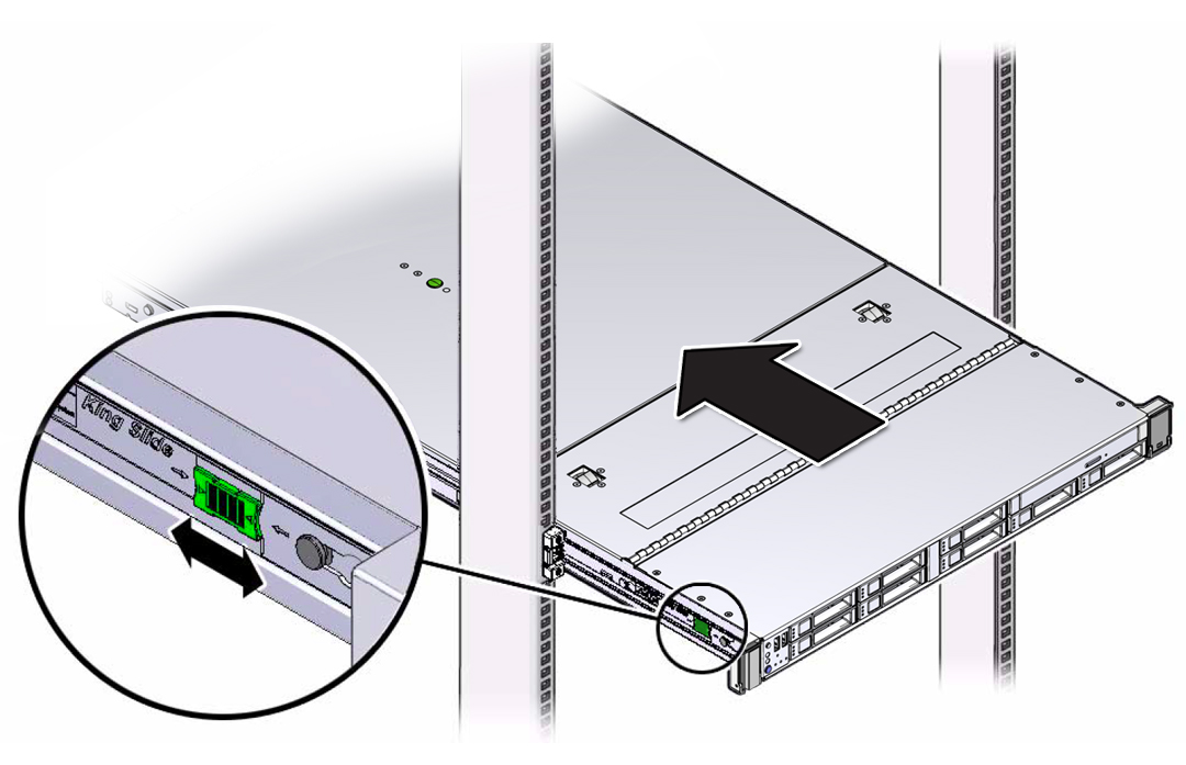 image:Figure showing the location of the release tabs on the                                     slide rails.
