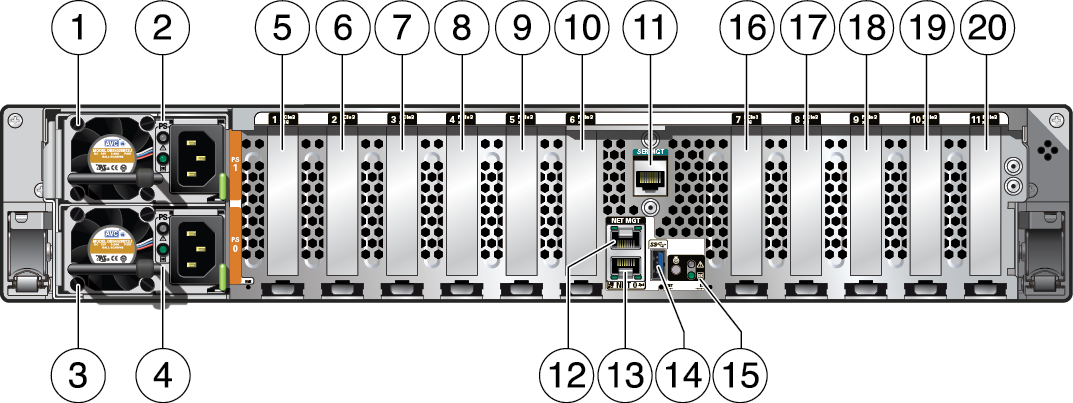 image:Figure showing the back panel of the Oracle Server X7-2L.
