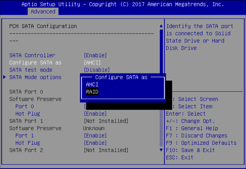 image:Image showing the PCH SATA Configuration BIOS Utility                                     screen, with RAID selected.