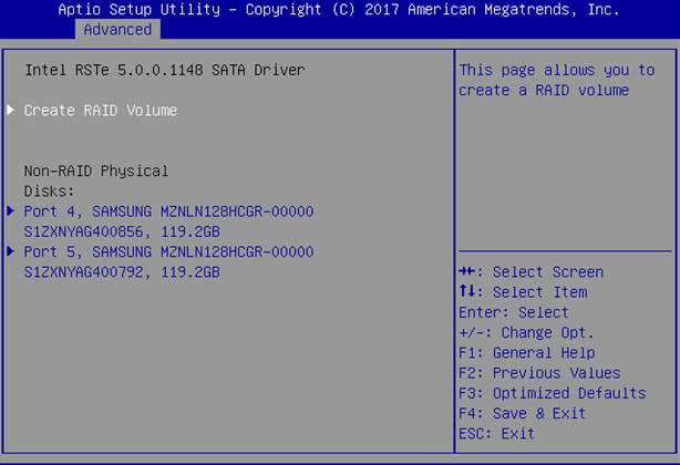 image:Image showing the Intel RSTe SATA Driver screen, with                                     Create RAID Volume highlighted.