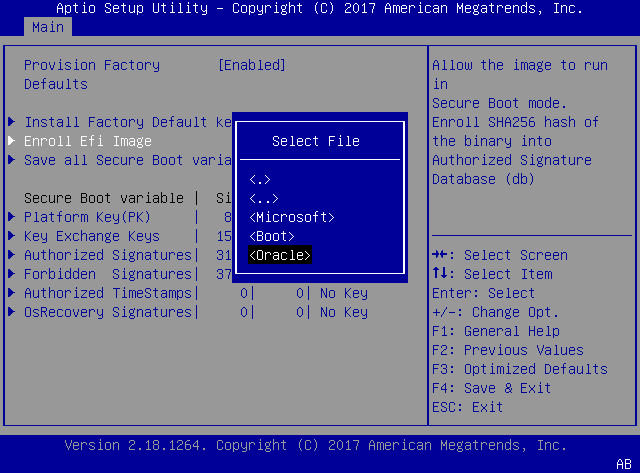 image:This figure shows the Select File dialog within the                                         Enroll Efi Image settings Menu.