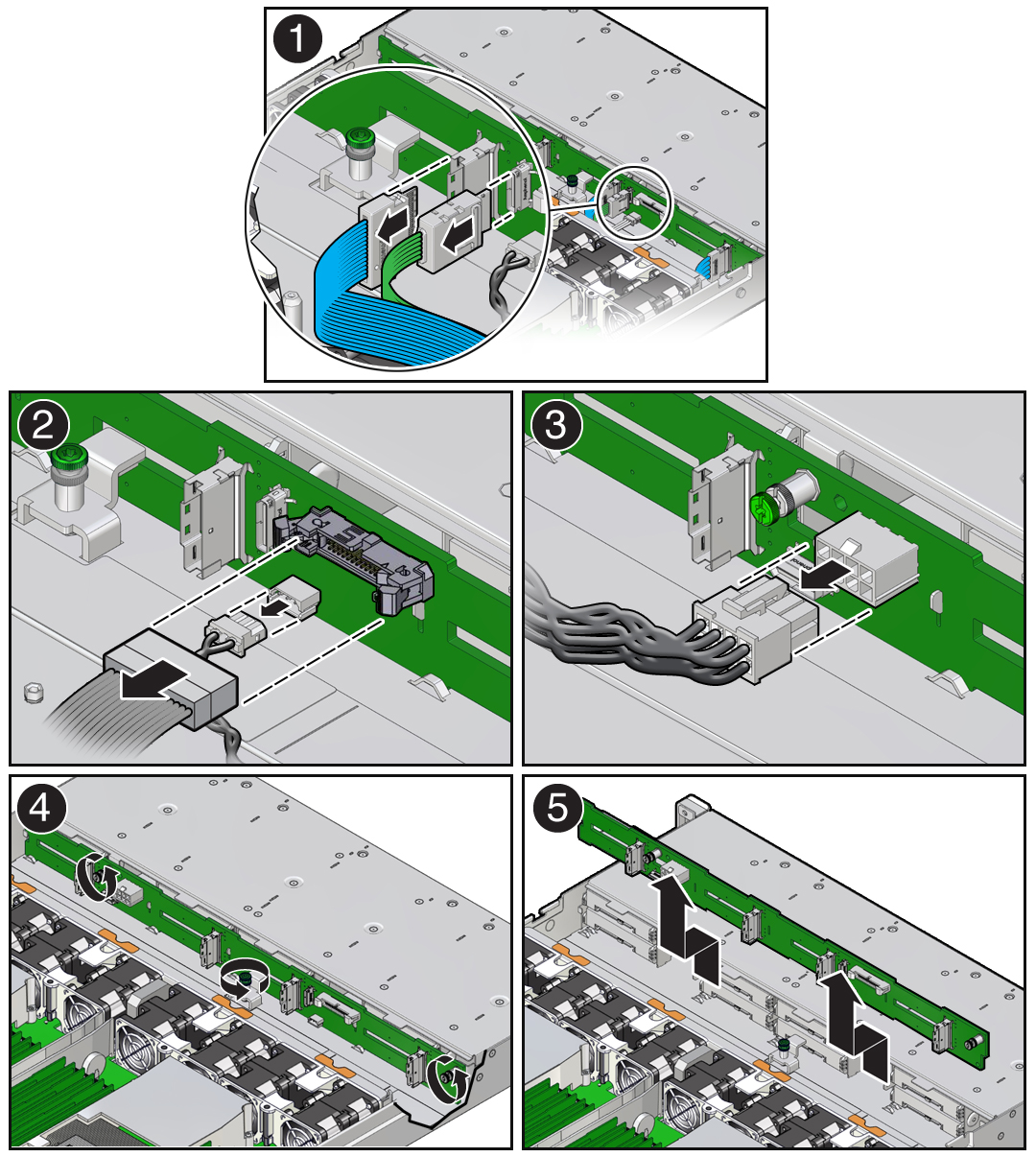 image:Figure showing how to remove the disk backplane from the                             server.