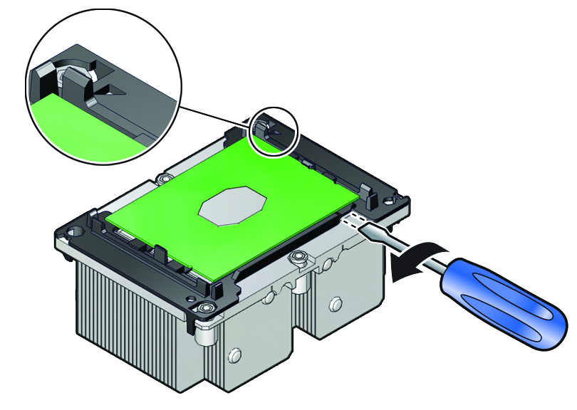 image:Figure showing a screwdriver being used to pry the                                     processor from the heatsink.