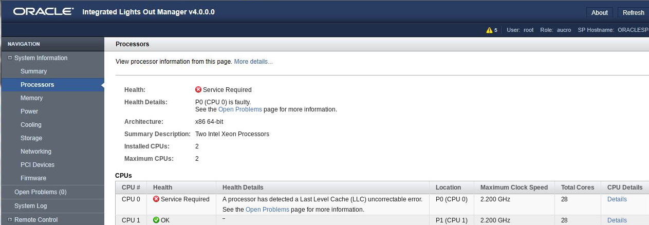image:A screen capture showing the Oracle ILOM Processors                                     page.