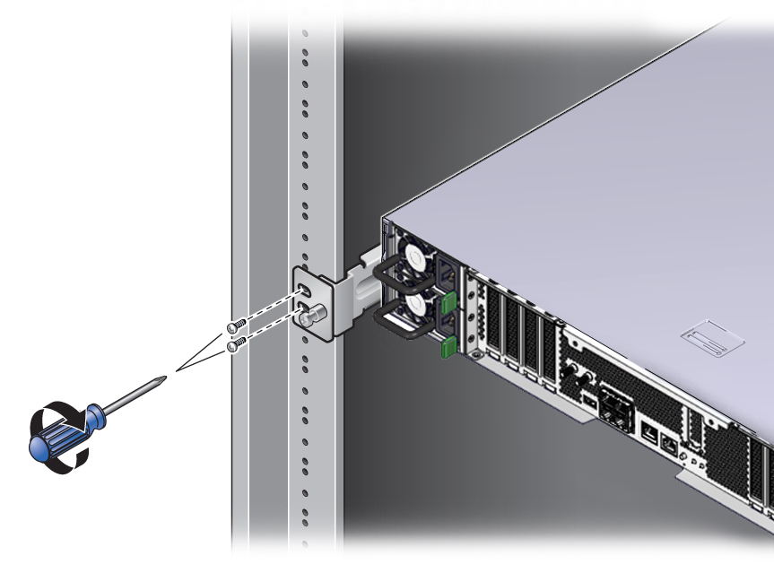 image:Figure showing how to secure the rear of the server into a rack.