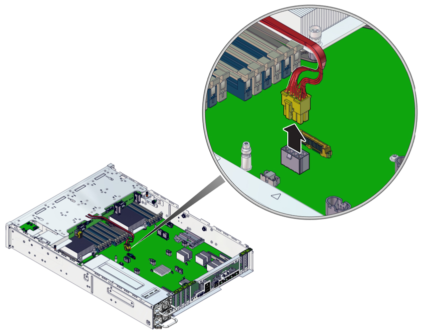 image:The illustration shows disconnecting the drive power cable from the motherboard.
