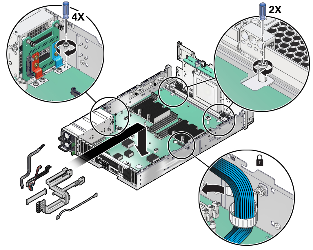 image:The illustration shows installing the cables and bus bar screws.
