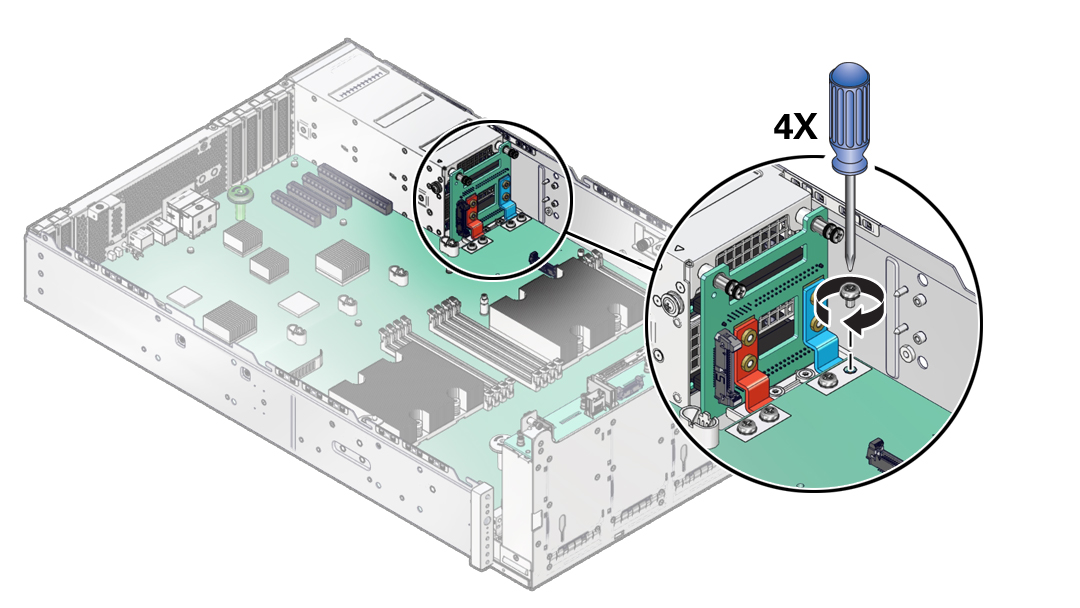 image:The illustration shows installing the four screws securing the PDB bus bars to the motherboard.