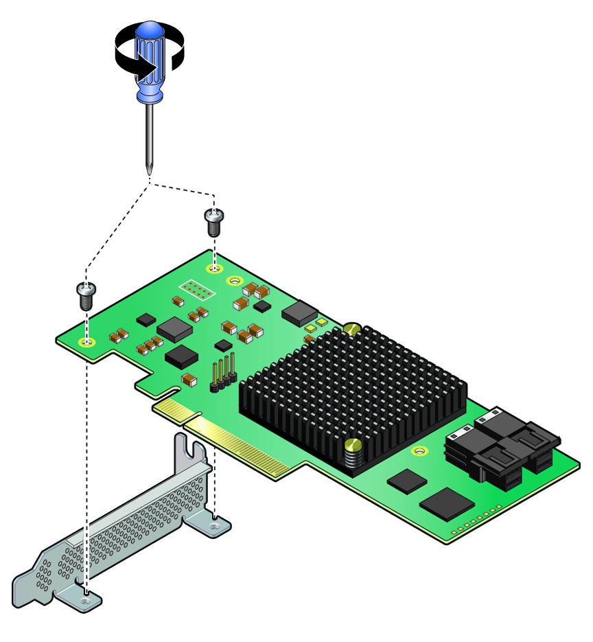 image:Figure showing how to remove the standard bracket from the replacement HBA card.