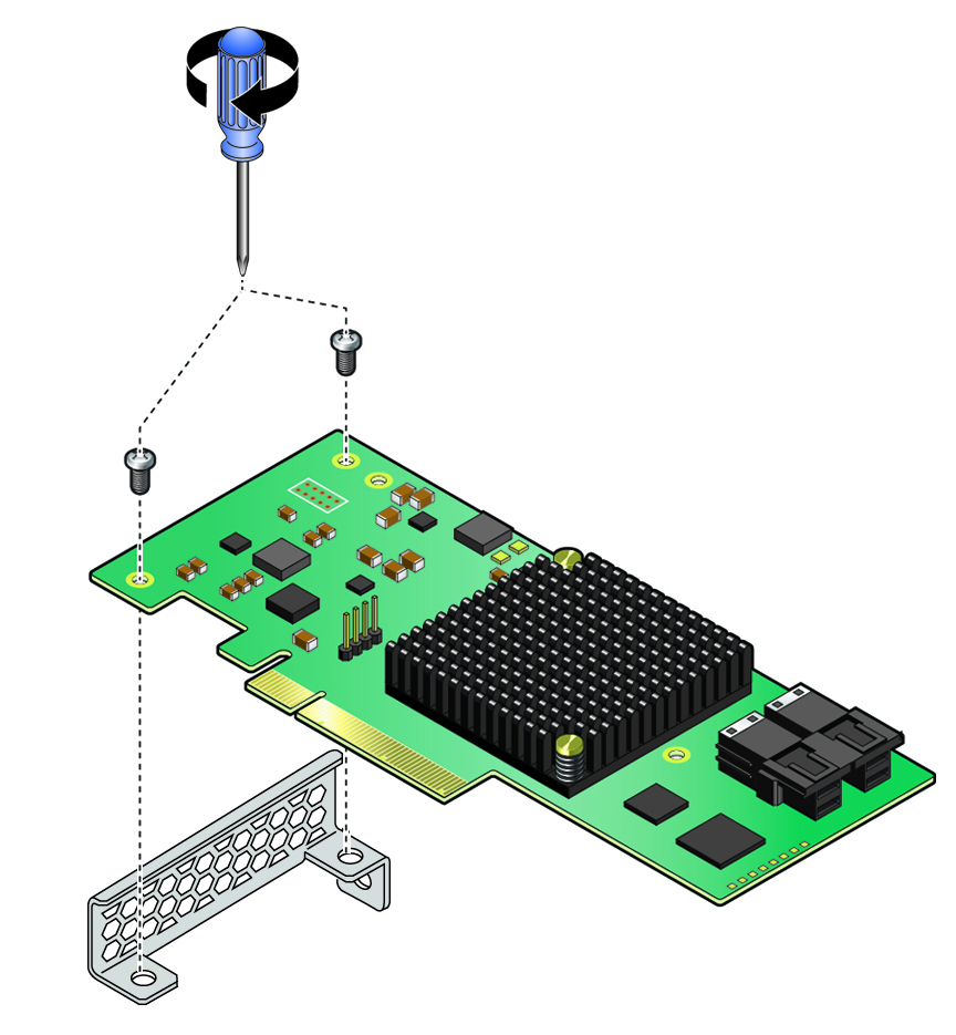 image:Figure showing how to install the special fitted bracket on to the replacement HBA card.