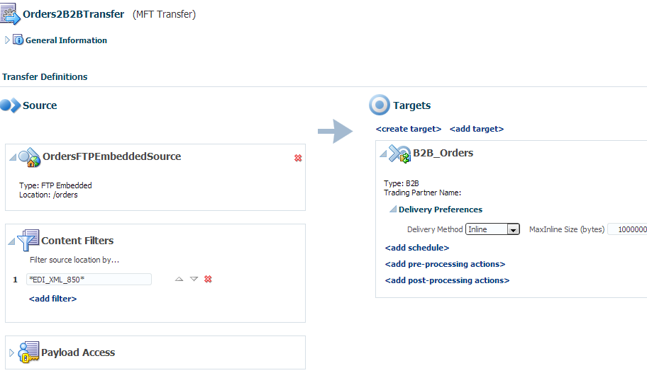 「図10-7 転送、ソースおよびターゲットが定義されたOracle MFT転送」の説明が続きます