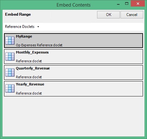 The Embed Contents dialog box with MyRange selected.