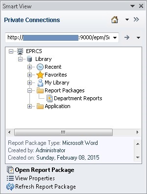The Library pane of the Smart View Panel in Word showing the default folders: Recent, Favorites, My Library, Report Packages, and Application. Report Package is expanded and contains the Department Reports report package.