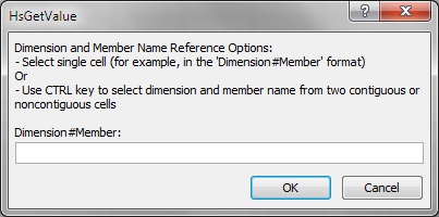 Cell Reference dialog box, where you manually enter a either single cell reference for a cell that represents a dimension and member, or use the Ctrl key to select two contiguous or noncontiguous cells representing a dimension and member.
