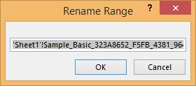 The Rename Range dialog box showing the range name that was auto-generated by Excel.