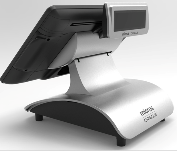 This figures shows a workstation mounted on the Adjustable Stand with the High-Mount Customer Display.