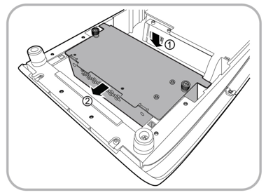This figure shows how to insert the power USB module into the base unit of the workstation.