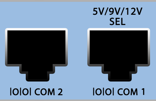 This image shows the COM 1 (powered 5V/9V/12V) serial port and the COM 2 serial port.