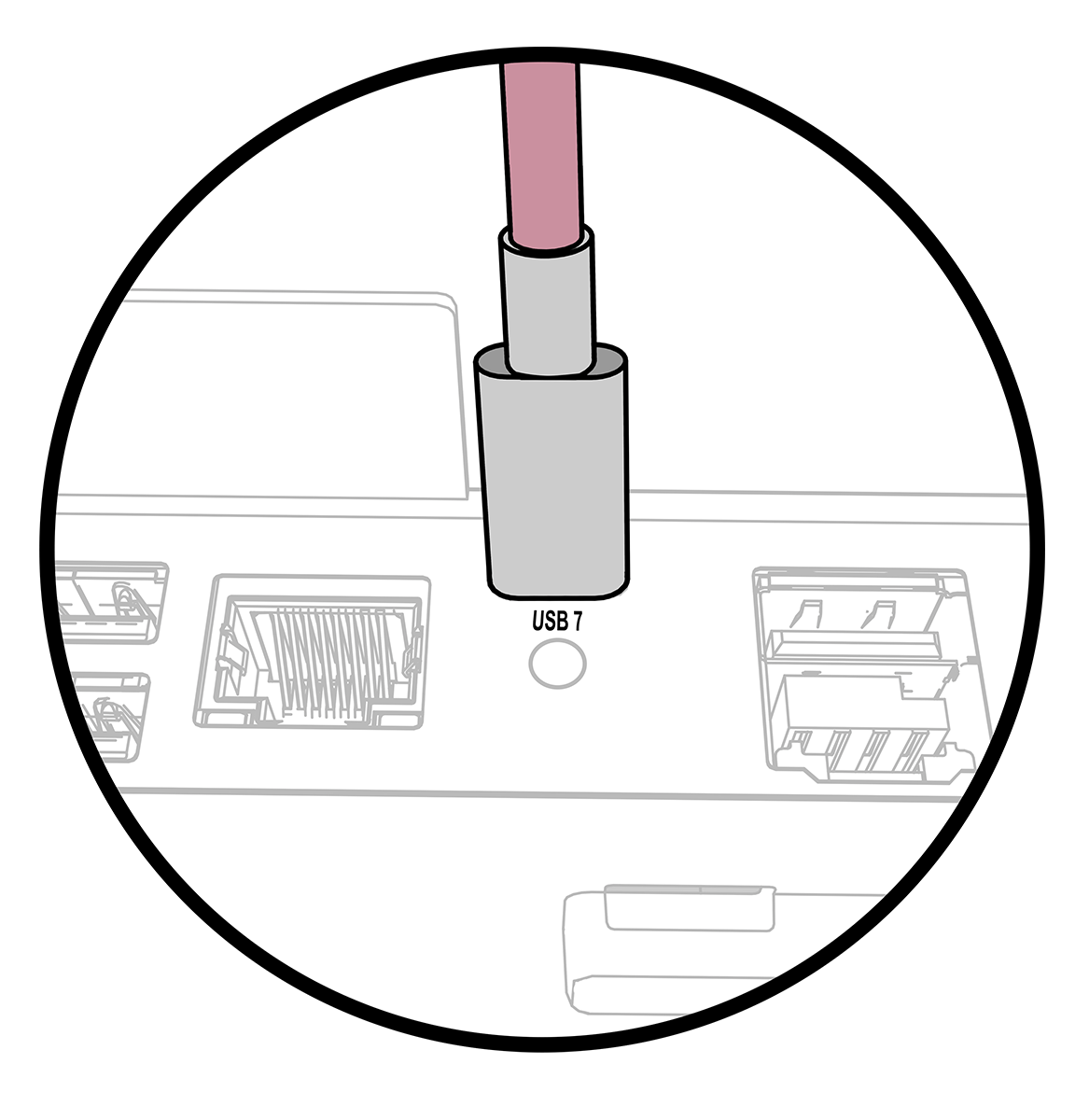 This image shows the High Mount 7-Inch Customer Display cable plugged into the USB 7 port on the Workstation 6x5 IO panel.
