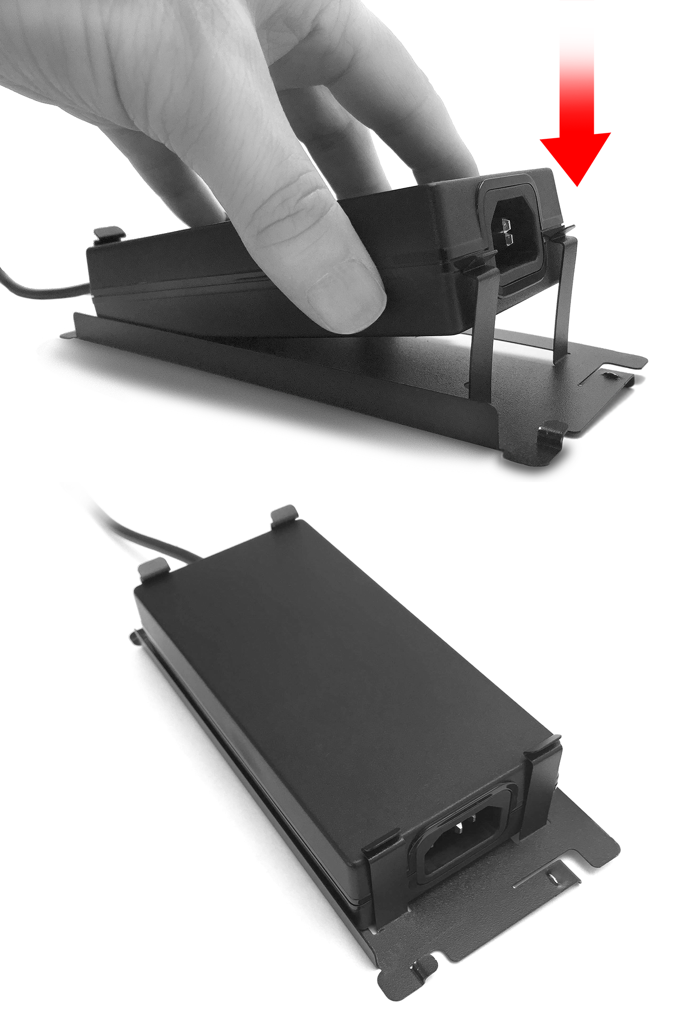 This figure shows the power supply being inserted into the bracket and an image of the fully assembled bracket and power supply.