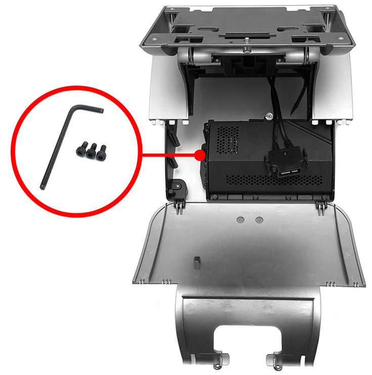 This figures shows the location of the hex key and security hex bolts in the Adjustable Stand.