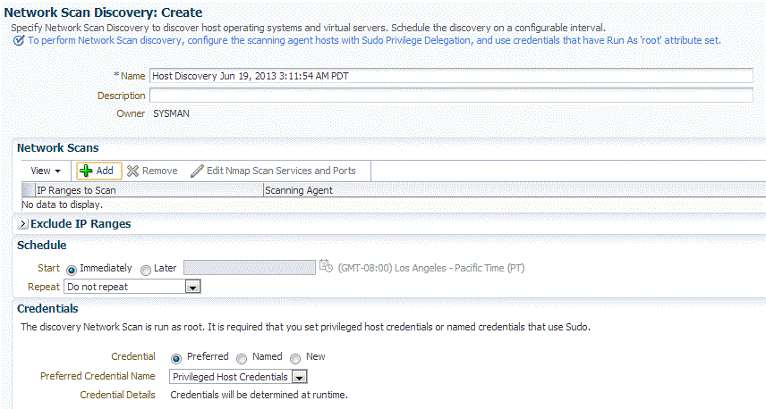 Network Scan Discovery: Create page