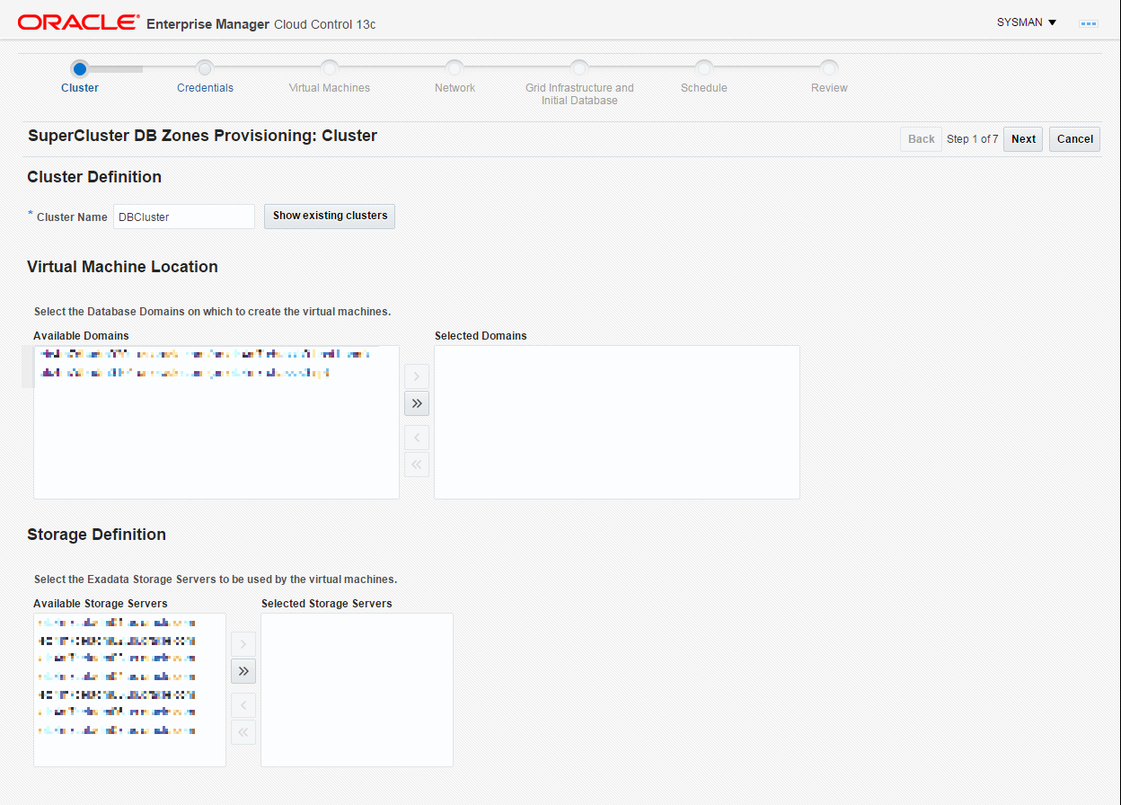 This image shows the database domains on which to create the virtual machines and the Exadata Storage Servers to be used by the virtual machines.