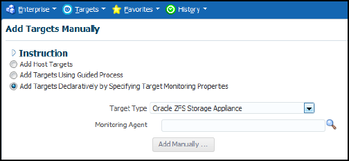 Add Oracle ZFS Storage Appliance Target screen shot example