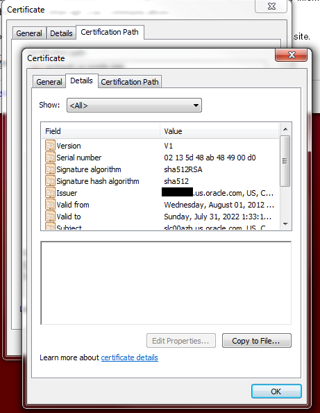 Image displays the Certificate dialog Details tab.