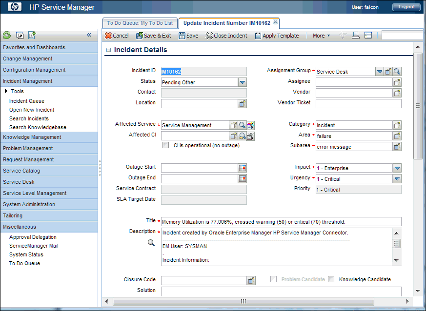 Navigating Between Enterprise Manager And Hp Service Manager