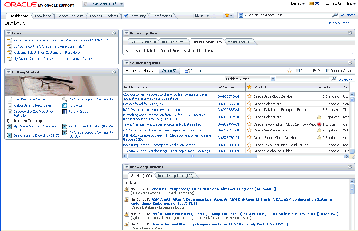 My Oracle Support Main page