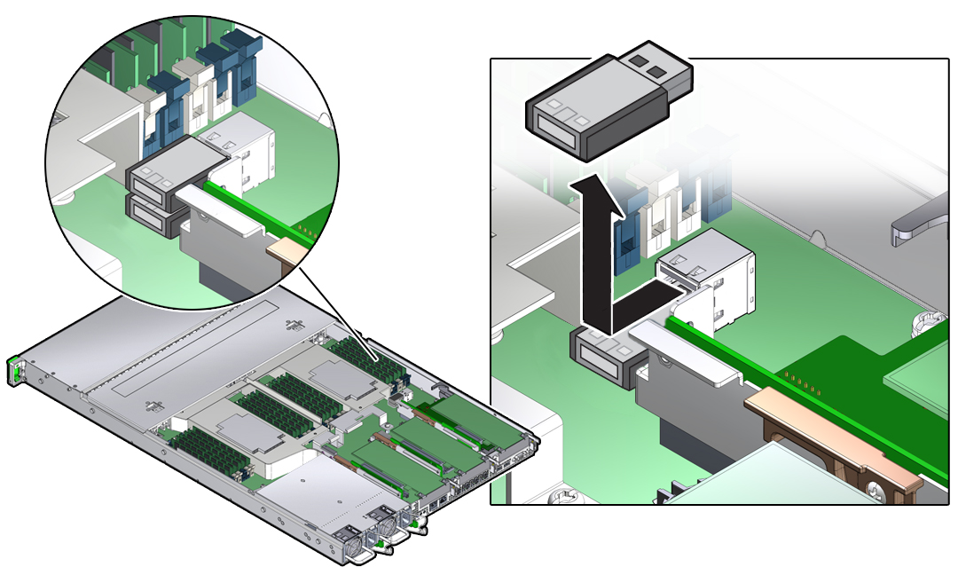 image:内蔵 USB フラッシュドライブの取り外し方法を示す図。