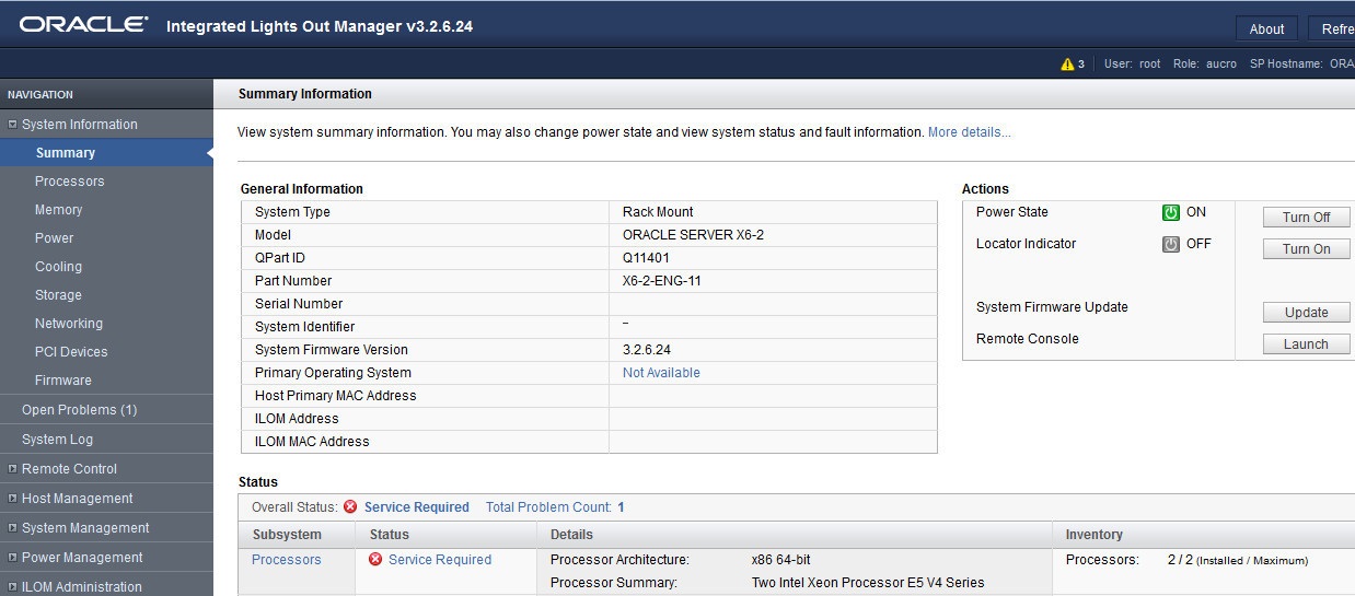 image:Oracle ILOM の「Summary Information」画面を示すスクリーンショット。