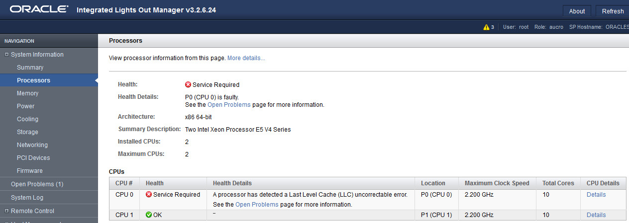 image:Oracle ILOM の「Processors」画面を示すスクリーンショット。
