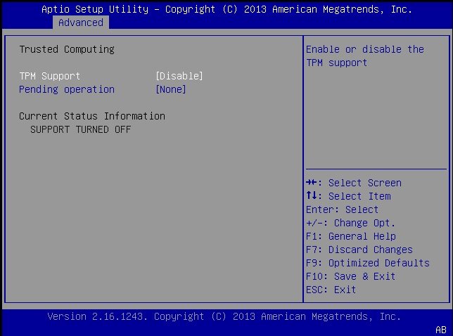 image:この図は、「Advanced」メニューの「TPM Configuration」画面を示しています。