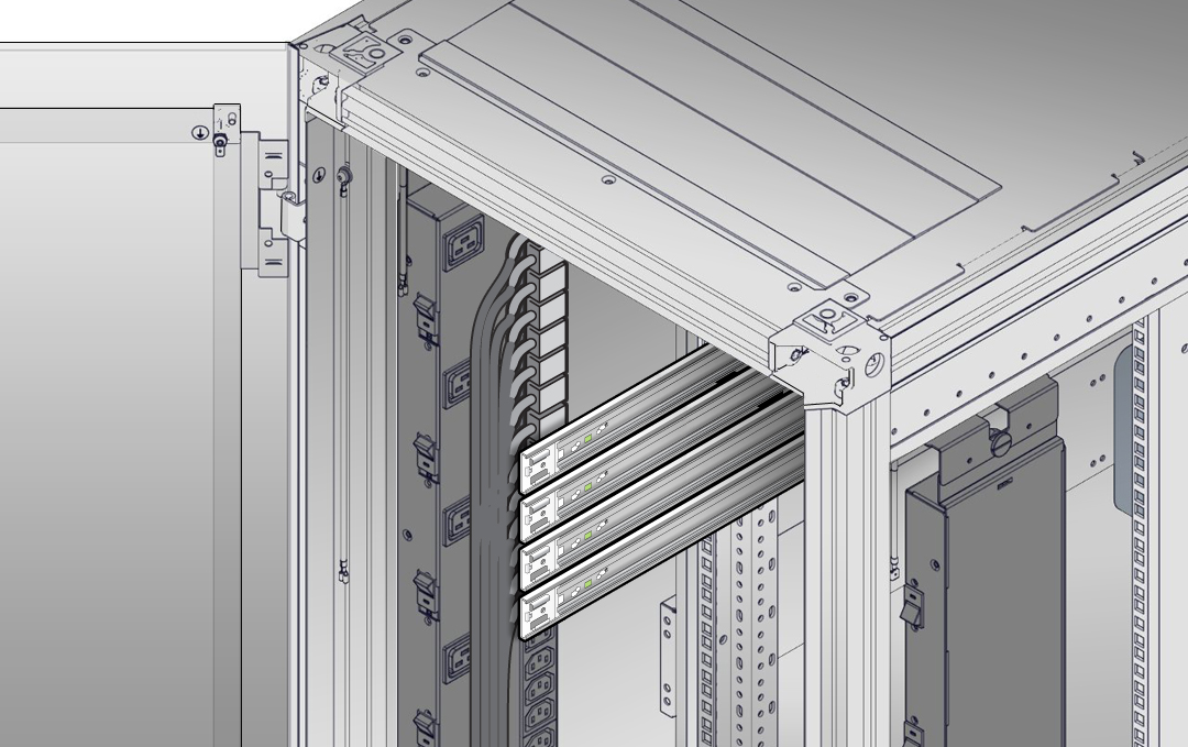 image:图中显示了安装在 Sun Rack II 1042 中（在直角交流电源电缆上方）的滑轨。