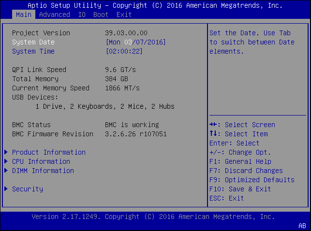 image:Capture d'écran du menu principal de l'utilitaire de configuration du BIOS.