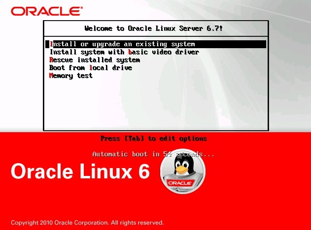 image:Gráfico que muestra la pantalla de inicio de Oracle Linux en el modo de inicio Legacy BIOS.